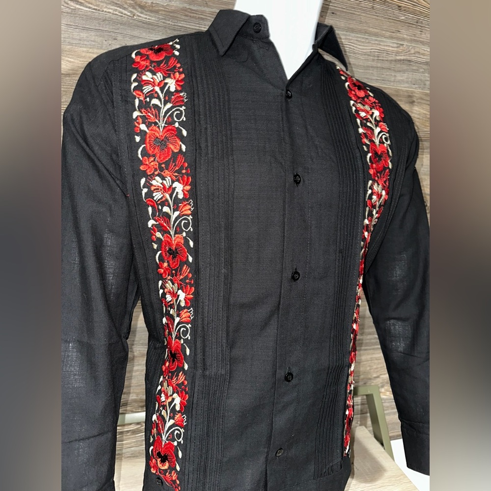 Mens Authentic Mexican Guayabera Shirt Red Flower with Two Embroidery Panels